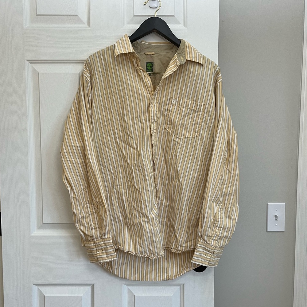 Timberland Men’s Striped Yellow White Cotton Button Down Shirt Large Y2K 2009